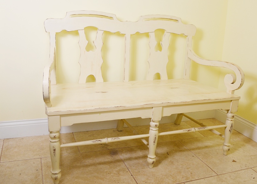 Arhaus Distressed Creme Wood Bench EBTH